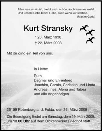 Traueranzeige von Kurt Stransky von HNA