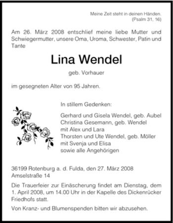 Traueranzeige von Lina Wendel von HNA