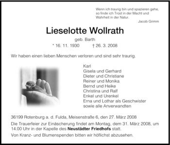 Traueranzeige von Lieselotte Wollrath von HNA