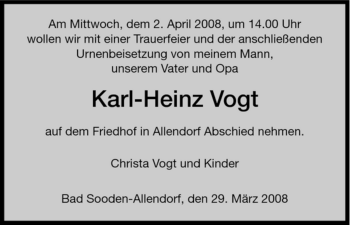 Traueranzeige von Karl-Heinz Vogt von HNA