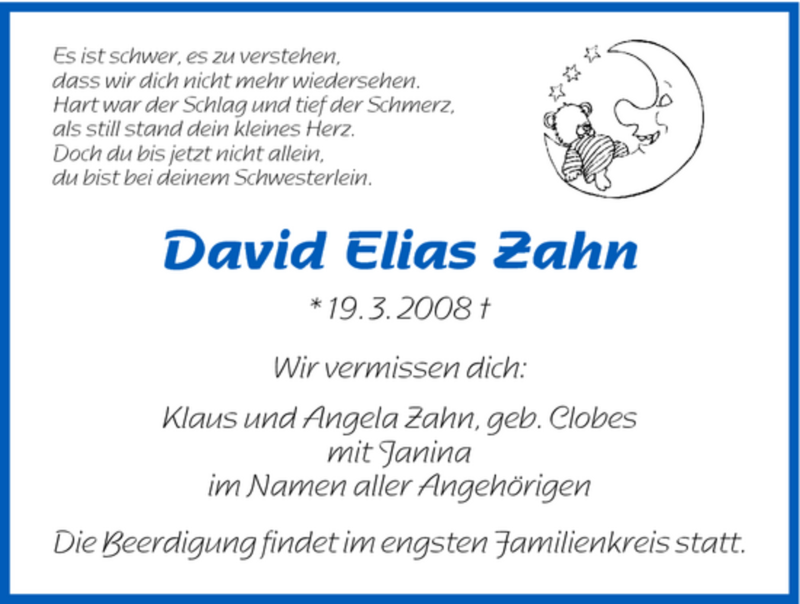  Traueranzeige für David Elias Zahn vom 29.03.2008 aus HNA