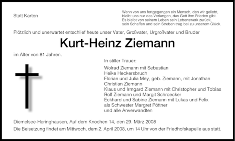  Traueranzeige für Kurt-Heinz Ziemann vom 01.04.2008 aus HNA