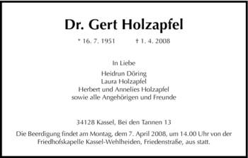 Traueranzeige von Gert Holzapfel von HNA