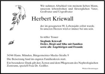 Traueranzeige von Herbert Kriewall von HNA