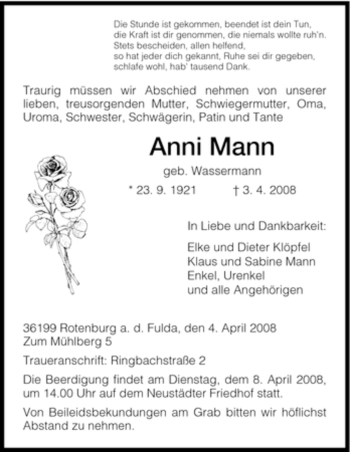 Traueranzeige von Anni Mann von HNA