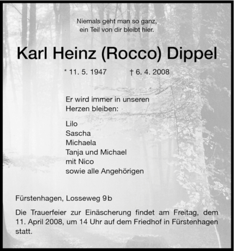  Traueranzeige für Karl Heinz Dippel vom 08.04.2008 aus HNA