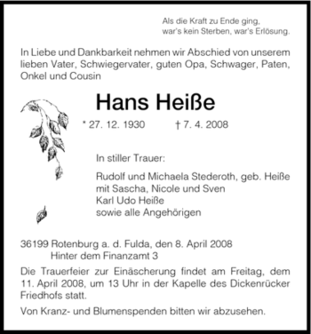 Traueranzeige von Hans Heiße von HNA