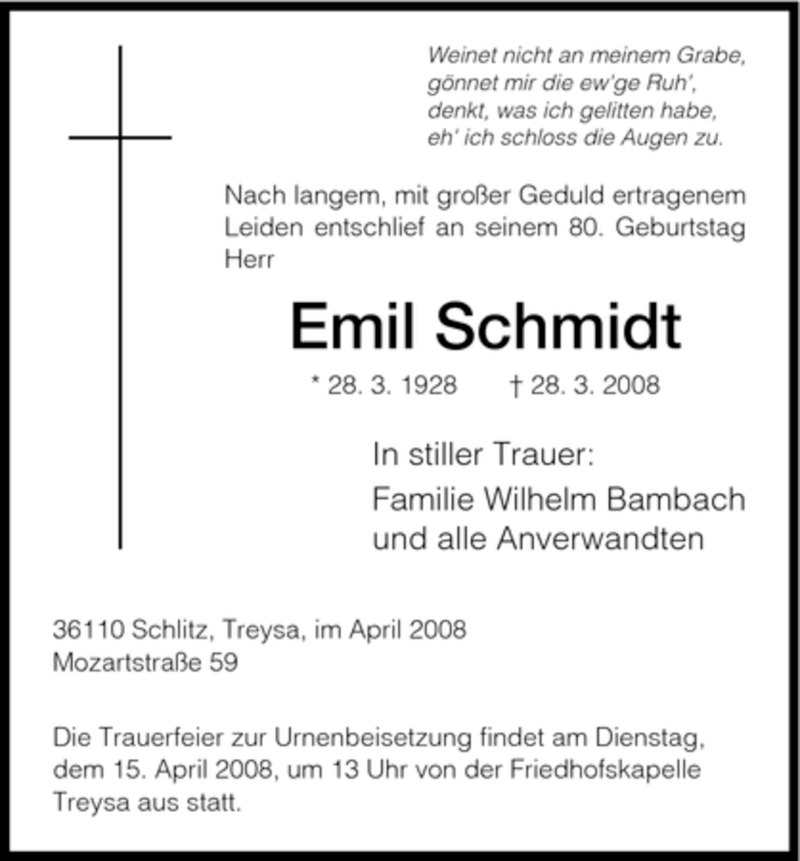  Traueranzeige für Emil Schmidt vom 12.04.2008 aus HNA