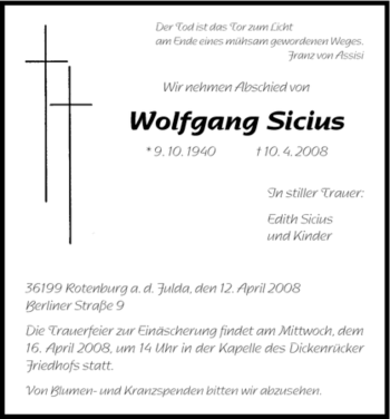 Traueranzeige von Wolfgang Sicius von HNA