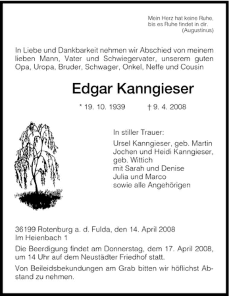  Traueranzeige für Edgar Kanngieser vom 15.04.2008 aus HNA