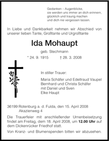 Traueranzeige von Ida Mohaupt von HNA