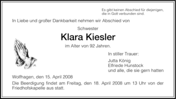 Traueranzeige von Klara Kiesler von HNA