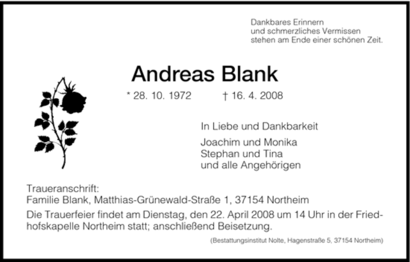  Traueranzeige für Andreas Blank vom 19.04.2008 aus HNA