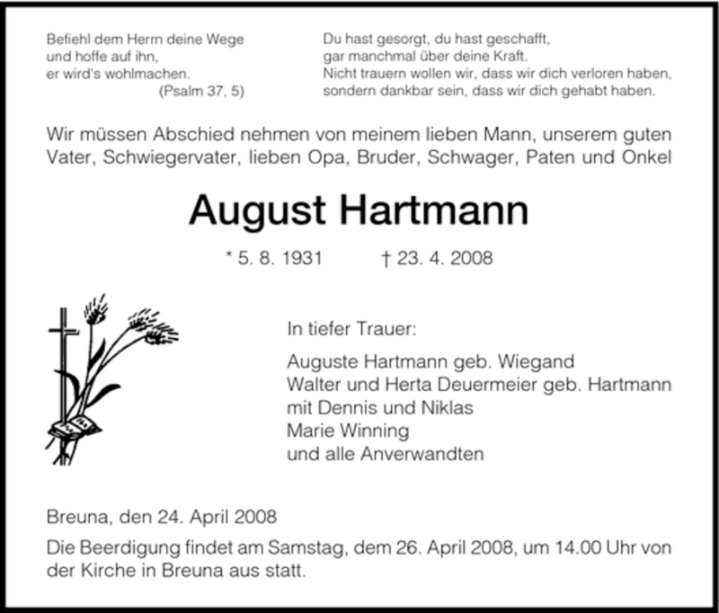  Traueranzeige für August Hartmann vom 24.04.2008 aus HNA