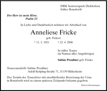 Traueranzeige von Anneliese Fricke von HNA