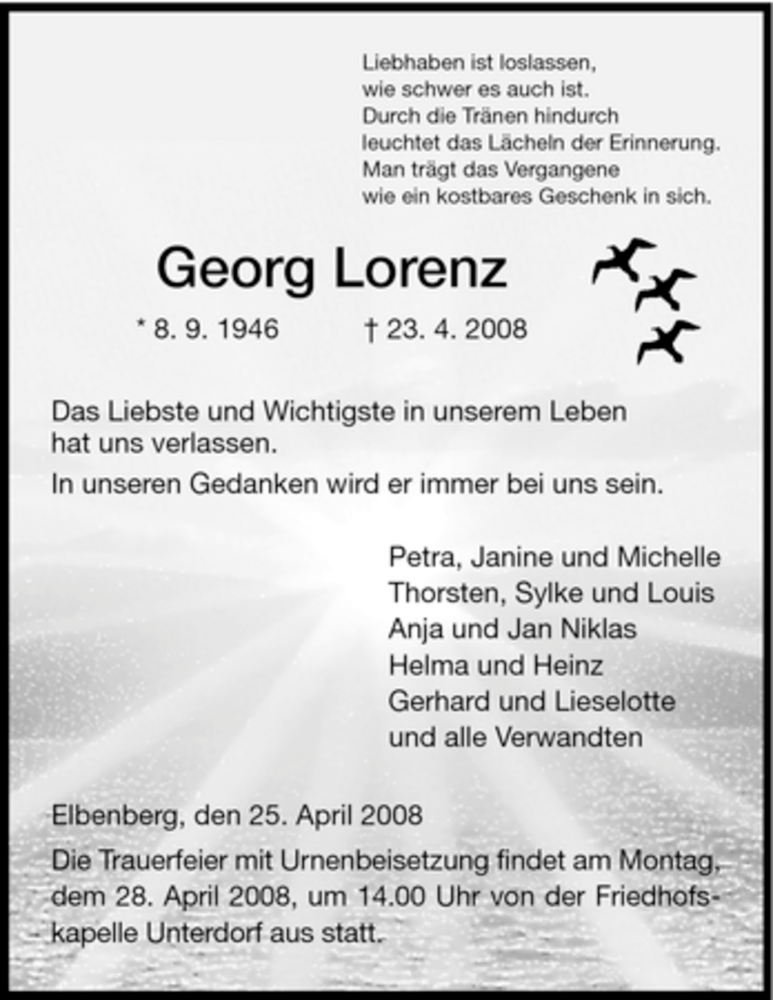  Traueranzeige für Georg Lorenz vom 25.04.2008 aus HNA