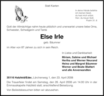Traueranzeige von Else Irle von HNA