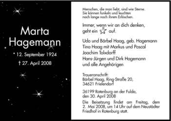 Traueranzeige von Marta Hagemann von HNA
