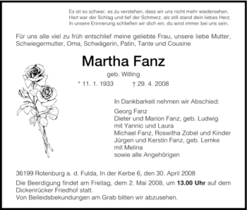 Traueranzeige von Martha Fanz von HNA