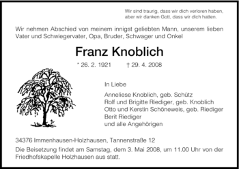 Traueranzeige von Franz Knoblich von HNA