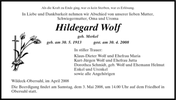 Traueranzeige von Hildegard Wolf von HNA