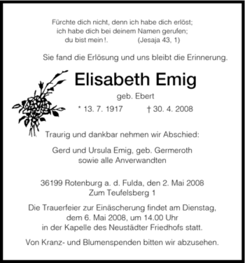 Traueranzeige von Elisabeth Emig von HNA