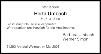 Traueranzeige von Herta Umbach von HNA