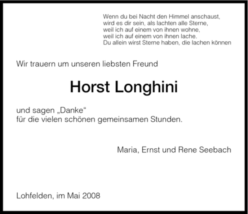  Traueranzeige für Horst Longhini vom 06.05.2008 aus HNA