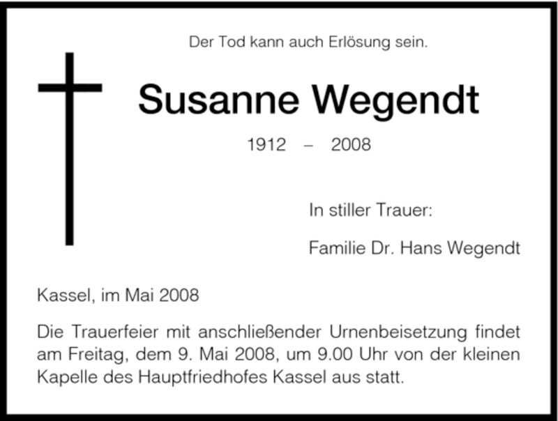  Traueranzeige für Susanne Wegendt vom 07.05.2008 aus HNA