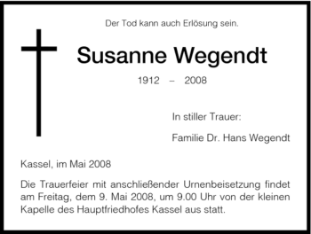 Traueranzeige von Susanne Wegendt von HNA