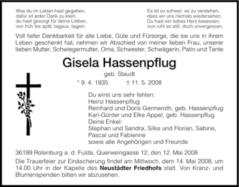 Traueranzeige von Gisela Hassenpflug von HNA