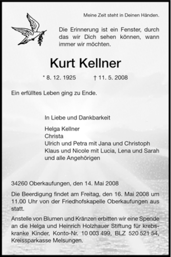  Traueranzeige für Kurt Kellner vom 14.05.2008 aus HNA