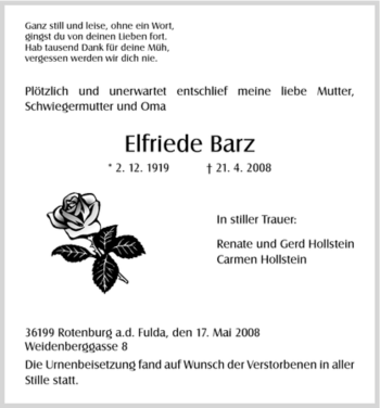 Traueranzeige von Elfreide Barz von HNA