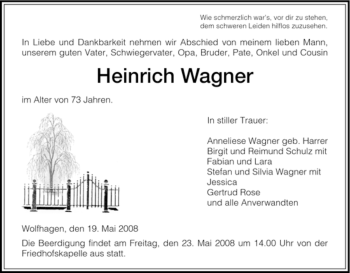 Traueranzeige von Heinrich Wagner von HNA