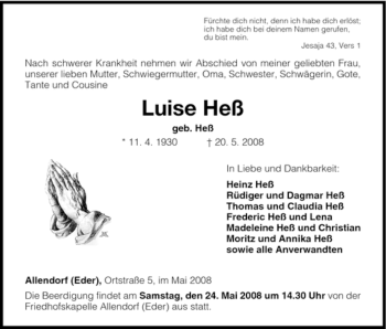 Traueranzeige von Luise Heß von HNA