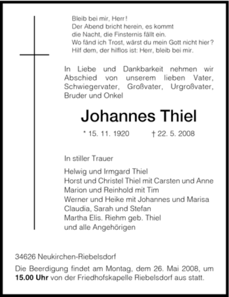  Traueranzeige für Johannes Thiel vom 24.05.2008 aus HNA