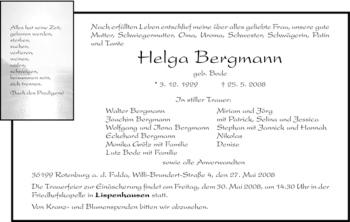Traueranzeige von Helga Bergmann von HNA