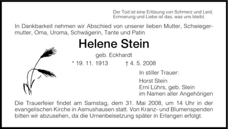  Traueranzeige für Helene Stein vom 30.05.2008 aus HNA