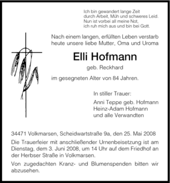 Traueranzeige von Elli Hofmann von HNA