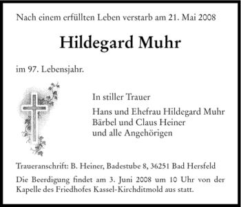 Traueranzeige von Hildegard Muhr von HNA