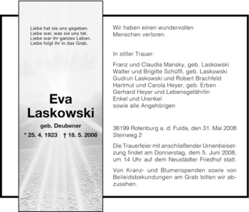 Traueranzeige von Eva Laskowski von HNA
