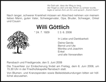 Traueranzeige von Willi Göttlich von HNA