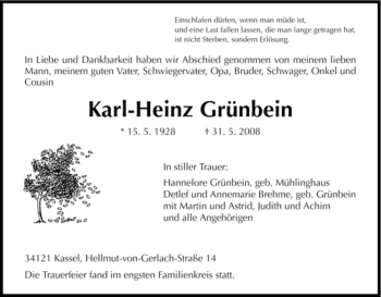 Traueranzeige von Karl-Heinz Grünbein von HNA