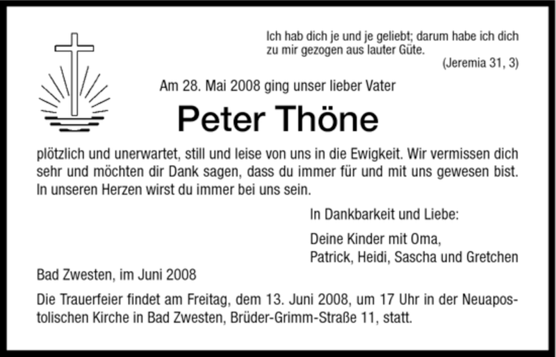  Traueranzeige für Peter Thöne vom 07.06.2008 aus HNA