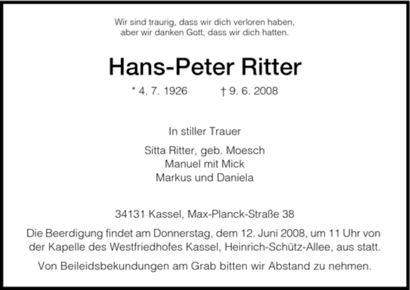  Traueranzeige für Hans-Peter Ritter vom 10.06.2008 aus HNA