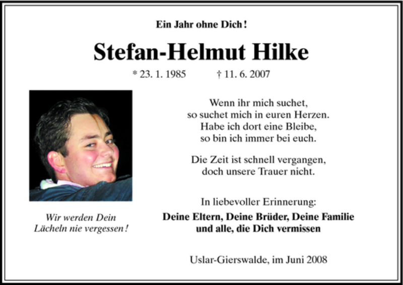  Traueranzeige für Stefan-Helmut Hilke vom 11.06.2008 aus HNA
