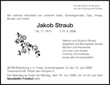 Traueranzeige von Jakob Straub von HNA
