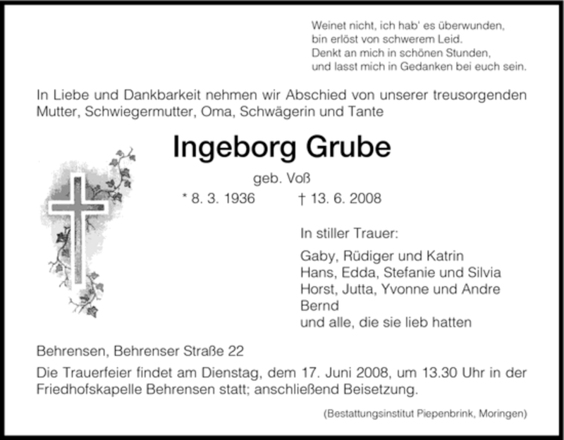  Traueranzeige für Ingeborg Grube vom 14.06.2008 aus HNA
