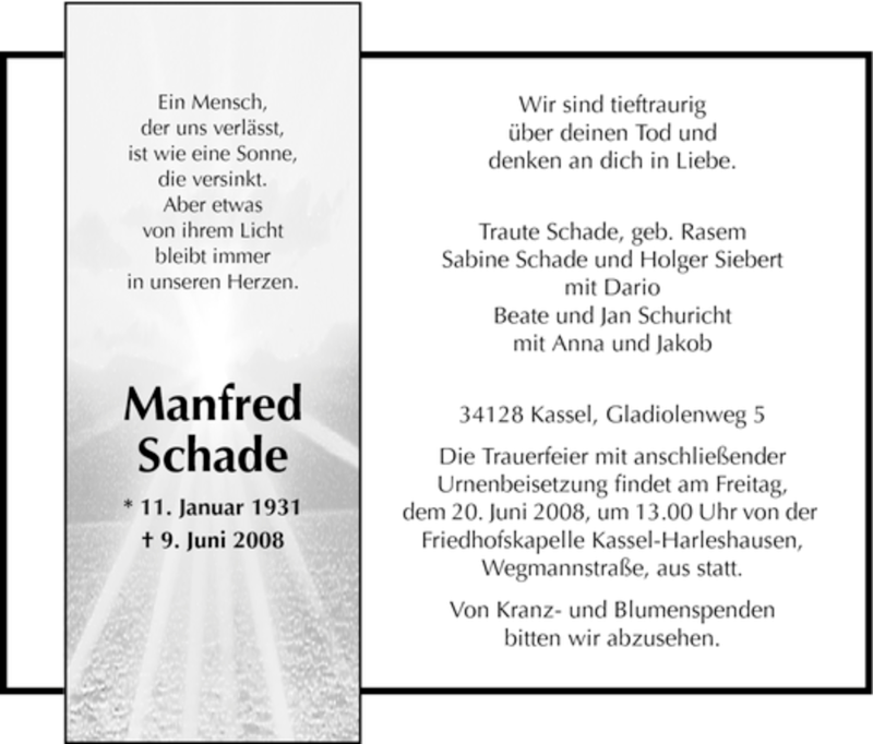  Traueranzeige für Manfred Schade vom 16.06.2008 aus HNA