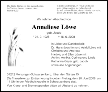 Traueranzeige von Anneliese Löwe von HNA